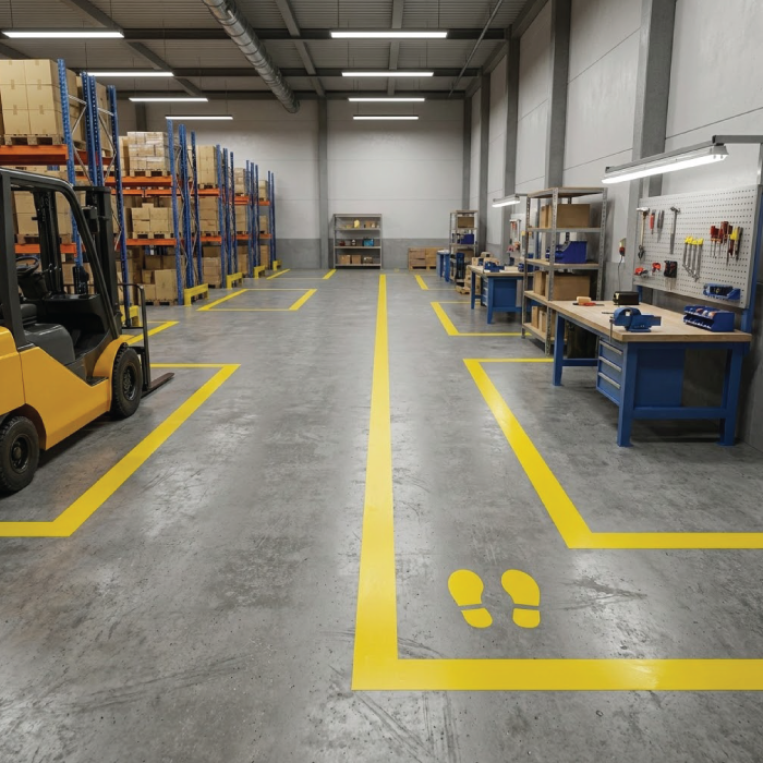 Pallet zones and loading points marked out in a warehouse
